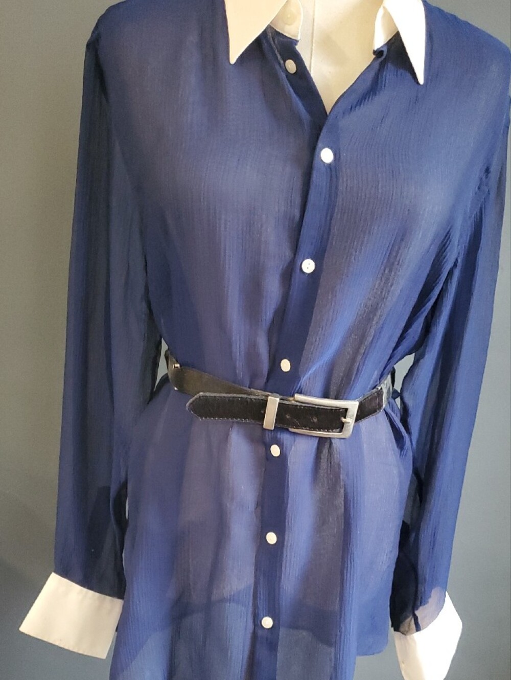 Thomas Pink Navy Sheer Dress Shirt with White Contrast Collar - Picture 10 of 17